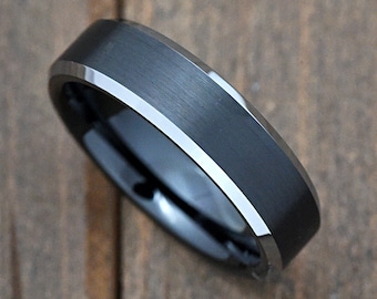 Brushed Matte Black Center 6mm Tungsten Carbide Wedding Ring Band Comfort Fit Steel Color Beveled Edge Engraved Engagement Promise Ring