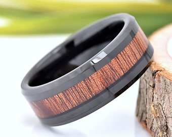 Wood Tungsten Wedding Ring, Men's Wood Inlay Black Tungsten Wedding Band, Wooden Ring for Men, Mens Ring, Tungsten Band, Black Ring