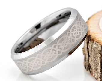 Celtic Knot Wedding Band, Mens Celtic Knot Engraved Tungsten Ring, Men's Celtic Ring, Mens Wedding Band, Unique Anniversary Ring