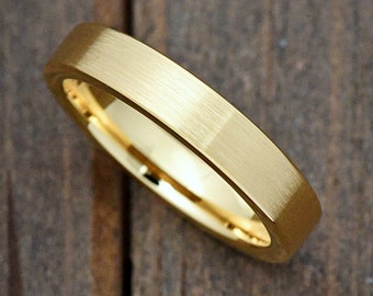 4mm Brushed Matte Finished Pipe Cut Gold Plated Tungsten Carbide Engagement Ring Minimalist Personalized Engraved Promise Ring Wedding Band