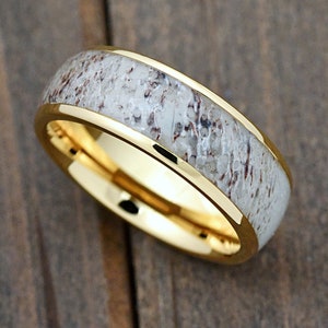 Yellow Gold Plated Tungsten Carbide Ring with Real Deer Antler Inlay 8mm Dome Engagement Wedding Band Comfort Fit Engraved Anniversary Gift