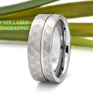Tungsten Ring, Hammered Ring, Mens Wedding Band Tungsten, Pipe Cut Ring 8mm