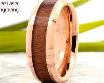 Rose Gold Tungsten Wedding Band: Hawaiian Koa Wood Inlay, Personalized Engraving Gift