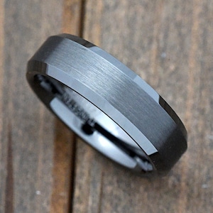 6mm Brushed Center Gunmetal Dark Grey Tungsten Carbide Wedding Ring Comfort Fit Minimalist Engagement Band Anniversary Gift Beveled Edge