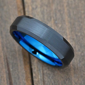 Brushed Matte Center Blue Plated Beveled Edge Black Tungsten Carbide Ring Engrave Wedding Band 6mm Promise Ring Comfort Fit Anniversary Gift