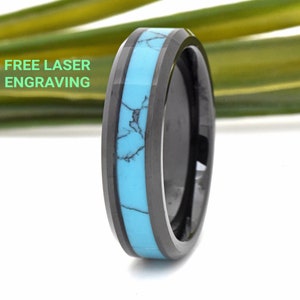 6mm Turquoise Inlay Black Tungsten Wedding Ring, Mens Turquoise Ring, Men's Tungsten Wedding Band, Laser Engraved Promise Ring for Him Men
