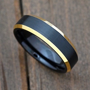 6mm Matte Black Center Gold Plated Beveled High Polish Edge Black Tungsten Carbide Ring Wedding Band Comfort Fit Engrave Anniversary Jewelry