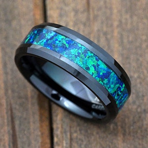 Black 8mm Tungsten Carbide Wedding Band Simulated Emerald Green Blue Opal Inlay Beveled Edge Engrave Promise Ring Anniversary Gift