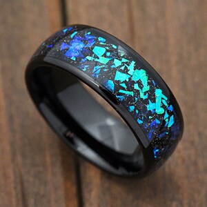 8mm Green Blue Opal & Abalone Black Tungsten Carbide Dome Engagement Ring Wedding Band Comfort Fit Engraved Anniversary Gift Promise Ring