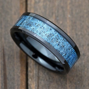 Blue Silk Thread Inlay Unique Black Tungsten Carbide Ring Engraved Wedding Band Comfort Fit Beveled Edge Anniversary Gift Jewelry