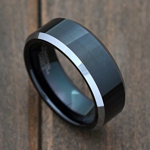 High Polished 8mm Black Tungsten Carbide Wedding Band Steel Color Beveled Edge, Minimalist Engraved Engagement Ring, Mens Promise Ring