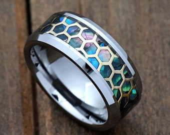 8mm Gold Plated Honeycomb Pattern Abalone Inlay High Polished Tungsten Carbide Anniversary Ring Wedding Band Comfort Fit Engraved Ring