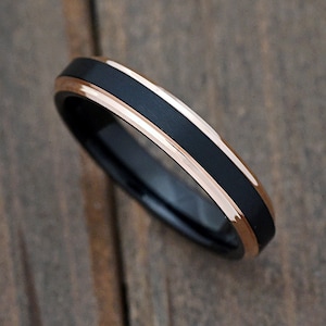 4mm Rose Gold Plated Stepped Edge Matte Black Center Tungsten Carbide Minimalist Engagement Ring Mens Womens Promise Ring Wedding Band