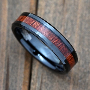 High Polished Black Tungsten Carbide Ring Wedding Band Hawaiian Koa Wood Inlay Comfort Fit Beveled Edge Minimalist Engraved Engagement Band