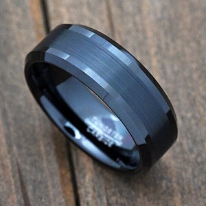 Brushed Center 8mm Minimalist Tungsten Carbide Wedding Ring Band Comfort Fit Beveled Edge Personalized Engraved Engagement Promise Ring