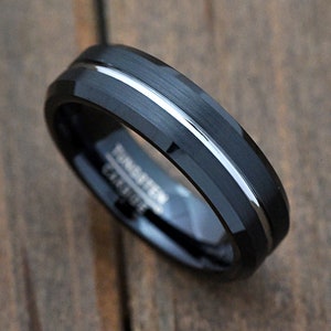 6mm Black Tungsten Carbide Wedding Ring Brushed Steel Color Grooved Center Beveled Edge Comfort Fit Engrave Anniversary Engagement Band