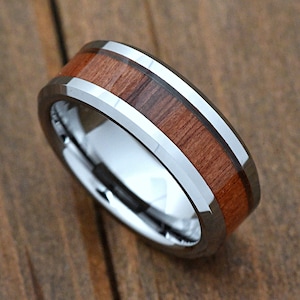 High Polished 8mm Tungsten Carbide Wedding Band Mahogany Wood Inlay Comfort Fit Beveled Edge Minimalist Engraved Promise Ring