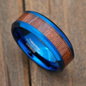 Blue Tungsten Carbide Wedding Band with Hawaiian Koa Wood Inlay Comfrot Fit Engrave 8mm Engagement Ring Anniversary Promise Gift