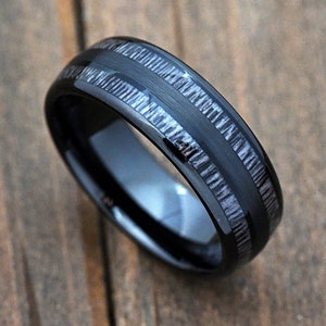 8mm Black Tungsten Carbide Wedding Band Charcoal Dark Gray Wood Inlay Comfort Fit Dome Engagement Engraved Promise Ring Anniversary Gift