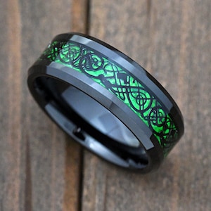 8mm Black Celtic Dragon Knot Center Green Color Inlay Tungsten Carbide Ring Wedding Band Engraved Anniversary Gift Comfort Fit Promise Ring