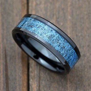 Blue Silk Thread Inlay Unique Black Tungsten Carbide Ring Engraved Wedding Band Comfort Fit Beveled Edge Anniversary Gift Jewelry