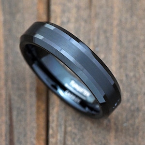 Brushed Center 6mm Minimalist Tungsten Carbide Wedding Ring Band Comfort Fit Beveled Edge Personalized Engraved Engagement Promise Ring