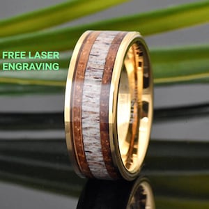 Whiskey Barrel Wood & Deer Antler Inlay Gold Plated Tungsten Wedding Band, Wood Wedding Ring, Men's Promise Ring, Promise Ring for Him