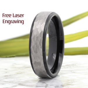 6mm Gunmetal Wedding Band, Hammered Mens Wedding Band, Personalized Wedding Ring Tungsten, Mens Ring, Mens Womens Band Black Gray Ring