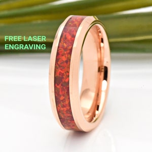6mm Rose Gold Opal Wedding Ring, Rose Gold Plated Tungsten with Fire Opal Inlay Ring, Men&#39;s & Women&#39;s Opal Ring, Lab Created Opal Ring