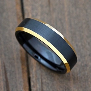 6mm Matte Black Center Gold Plated Beveled High Polish Edge Black Tungsten Carbide Ring Wedding Band Comfort Fit Engrave Anniversary Jewelry