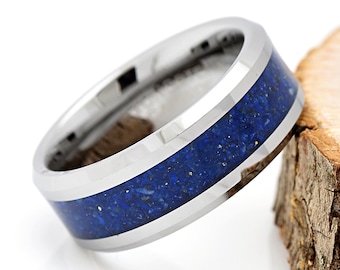 Tungsten Wedding Band with Lapis Lazuli Deep Blue Stone Fragment Inlay, Free Laser Engraved Wedding Ring, Anniversary Ring Band, Men's Ring