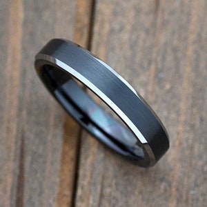 Brushed Matte Black Center 4mm Tungsten Carbide Thin Wedding Ring Band Comfort Fit Steel Color Beveled Edge Engraved Engagement Promise Ring