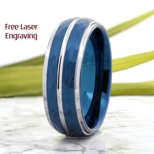 Blue Tungsten Ring Trendy Mens Unique Engagement Hammered Tungsten Carbide Wedding Band Mens Promise Rings for Men Engraved Gift