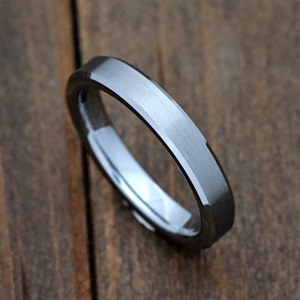 4mm High Polished Beveled Edge Brushed Tungsten Carbide Ring Mens Womens Promise Ring Tungsten Wedding Band Anniversary Gift