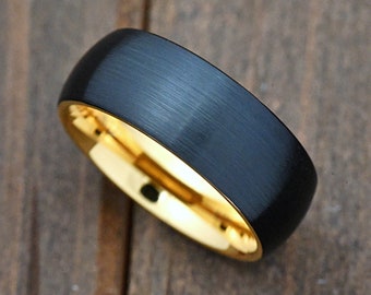 Classic Dome Black Tungsten Carbide Wedding Ring Band 8mm Brushed Center Yellow Gold Plated Inside Engraved Promise Anniversary Jewelry