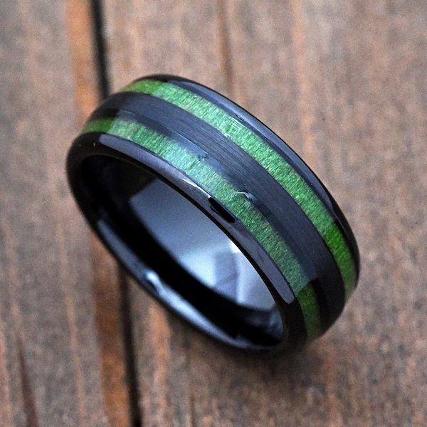 Unique Exotic Green Wood Inlay Brushed Center Dome Black Tungsten Carbide Ring Comfort Fit Engraved 8mm Wedding Band Anniversary Ring Gift