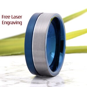 Blue Gunmetal Tungsten Ring, Mens Tungsten Wedding Band, Pipe Cut, 8mm Tungsten Band, Unique Wedding Ring, Mens Tungsten Carbide Ring