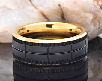 Gold Ion Plated Tungsten Wedding Ring, Unique Tungsten Ring, Gold Inside, Black Outside, 8mm Men's Tungsten Wedding Band, Engraved Ring