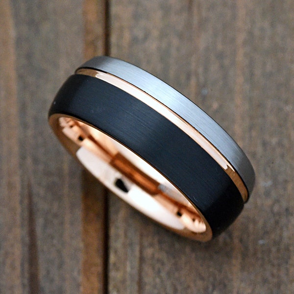 Brushed Off Grooved Center Dome Three Colored Rose Gold Plated Tungsten Carbide Ring Wedding Band Engraved Jewelry 3 Tone Ring