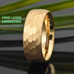 Hammered Ring, Gold Tungsten Wedding Band, Mens Tungsten Wedding Ring 8mm