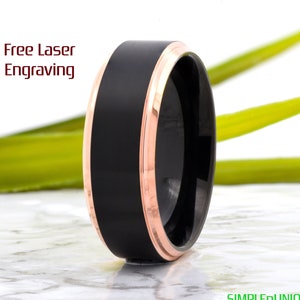 Tungsten Ring, Black Tungsten Wedding Band, Mens Tungsten Wedding Ring, 8mm, Rose Gold Edge