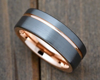 8mm Brushed Gray Gunmetal Rose Gold Plated Off Grooved Center Pipe Cut Tungsten Carbide Ring Wedding Band Engraved Anniversary Jewelry