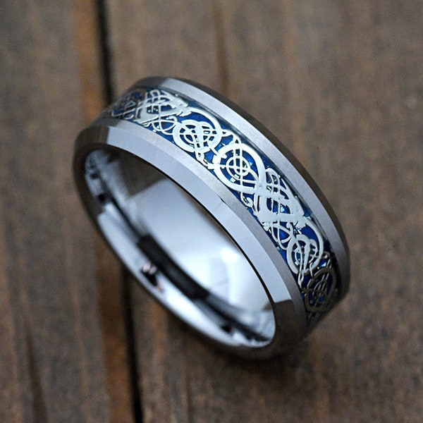 8mm Blue Celtic Dragon Knot Center Beveled Edge Silver Tungsten Carbide Ring Wedding Band Engraved Anniversary Gift Comfort Fit