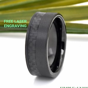 Half Black Carbon Fiber Inlay Matte Brushed Pipe Cut Tungsten Wedding Band, Men&#39;s Engraved Tungsten Ring, Wedding Ring for Him, Anniversary