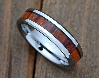 High Polished 6mm Tungsten Carbide Wedding Band Mahogany Wood Inlay Comfort Fit Beveled Edge Minimalist Engraved Promise Ring