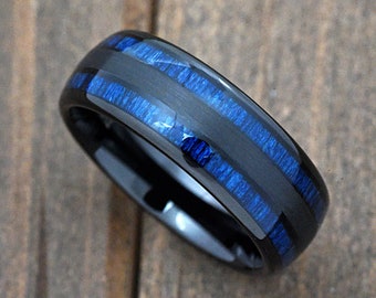 Unique Exotic Blue Wood Inlay Brushed Center Dome Black Tungsten Carbide Ring Comfort Fit Engraved 8mm Wedding Band Anniversary Ring Gift