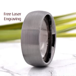 Gunmetal Tungsten Ring, Mens Wedding Band, Gray Ring, Brushed Ring, 8mm Ring, Engraved Ring