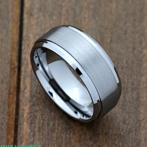 9mm Wide Thick Tungsten Carbide Ring Brushed Stepped Edge, Mens Tungsten Wedding Band, Engraved Male Promise Ring for Him Husband Boyfriend