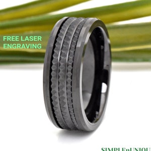 Black Tungsten Jagged Center 8mm Wedding Band, Men's Unique Engagement Ring, Laser Engraved Promise Ring for Him, Black Wedding Ring