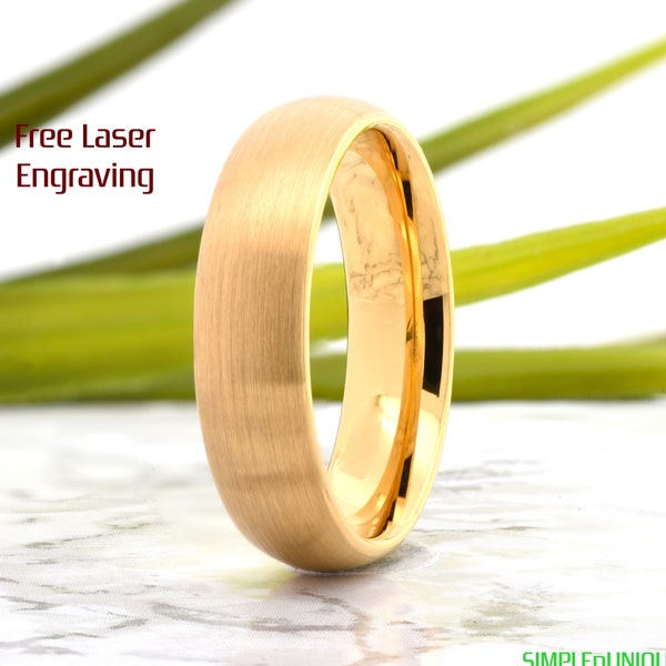 Dome Gold Tungsten Wedding Ring Band Mens Womens Couples Anniversary Engagement Promise Laser Engraved Jewelry Classic Gold Wedding Band